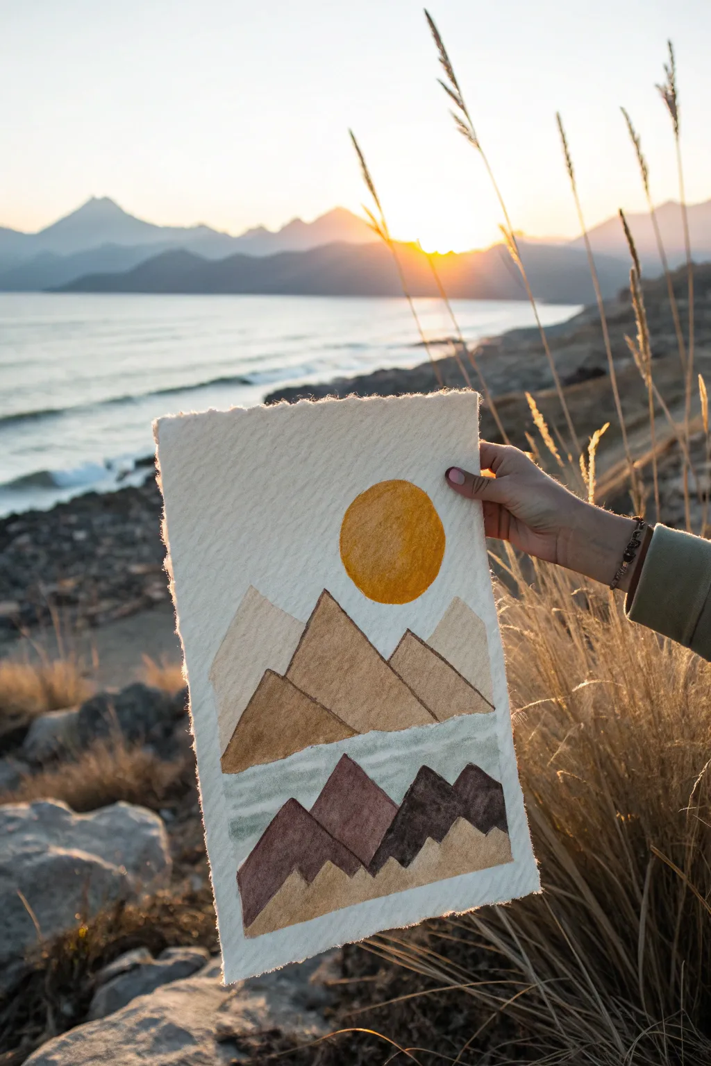 Simple layered mountains with a glowing sun peeking through, perfect for an easy calming painting