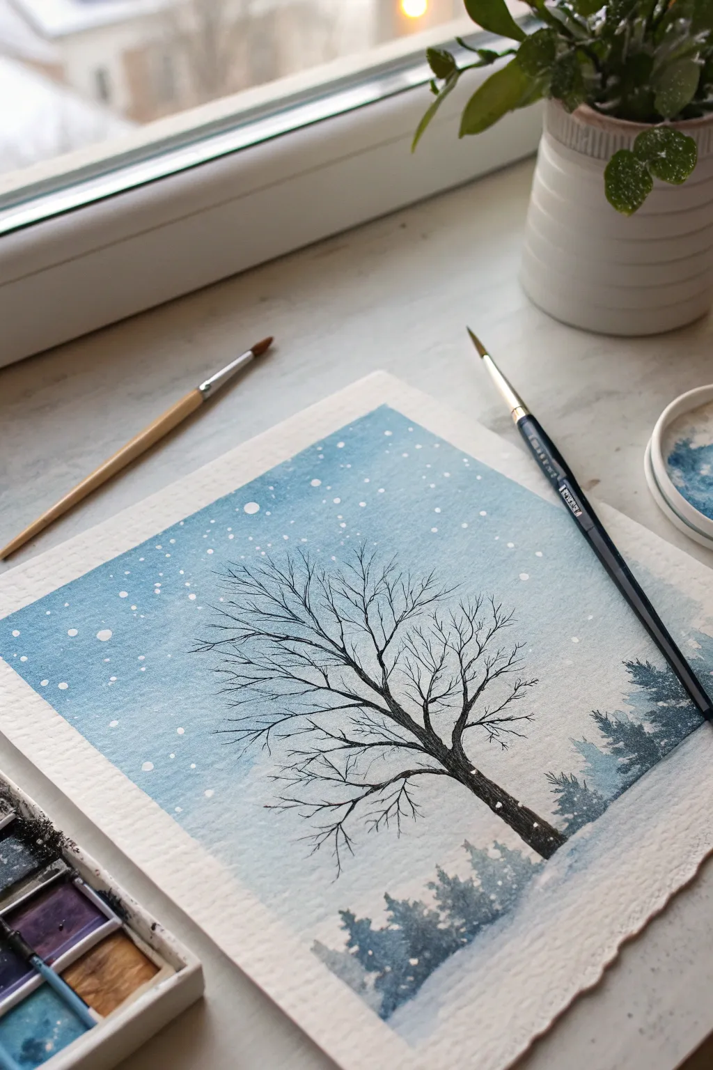 Mix real snow into watercolor for a textured winter sky behind a simple tree silhouette.