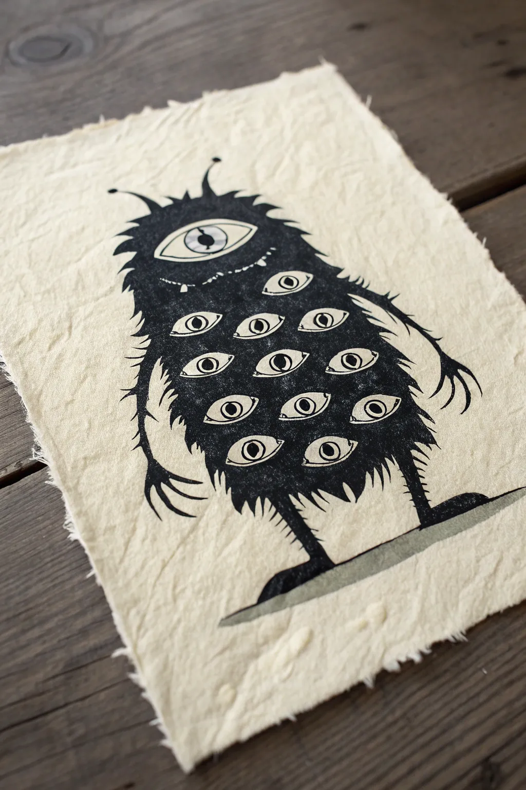 Creepy-hypnotic too-many-eyes creature: simple silhouette, intricate eyes, bold contrast.