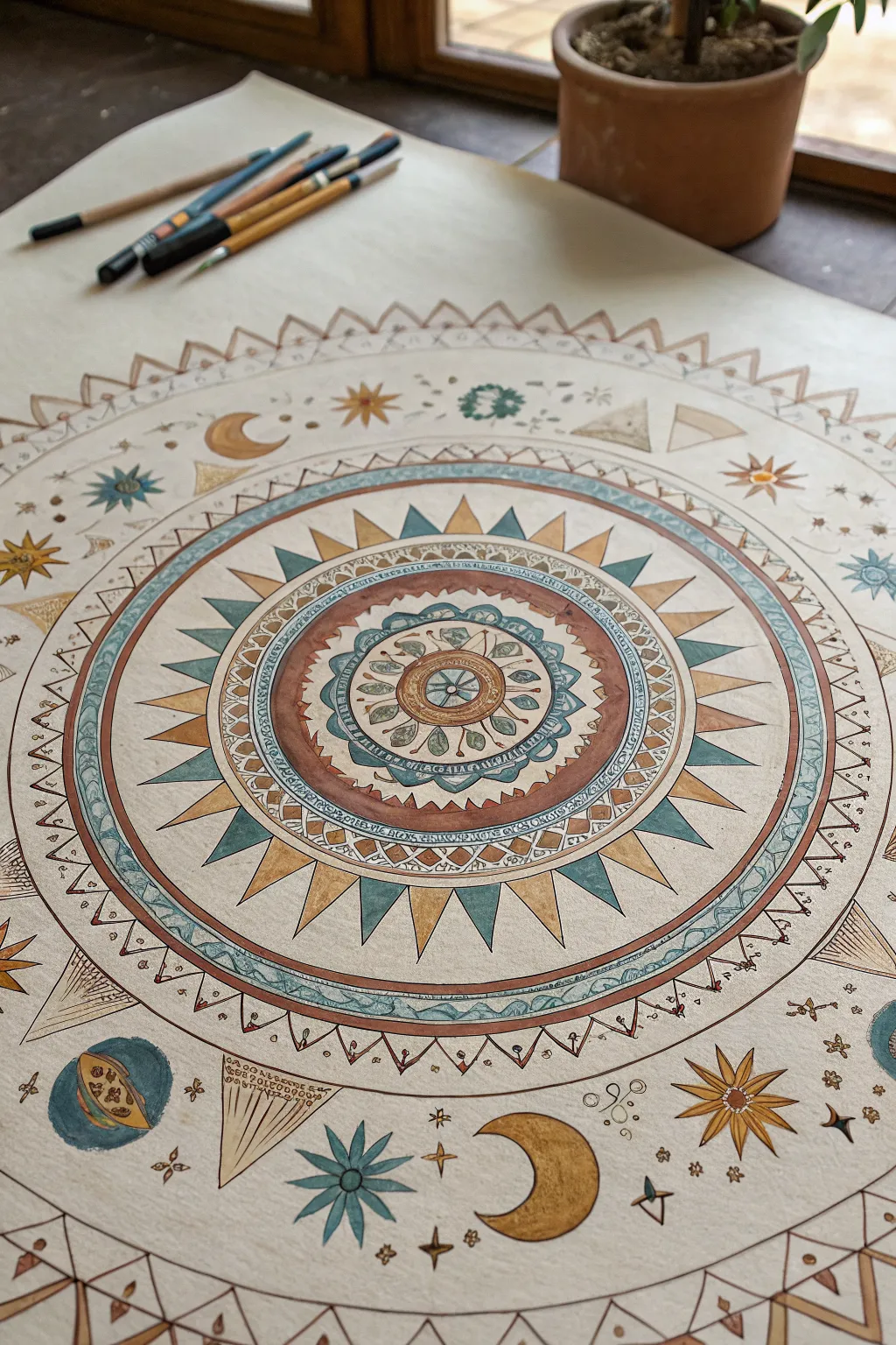 Egyptian zodiac ceiling mandala idea: layered rings of stars and sun disks in desert tones