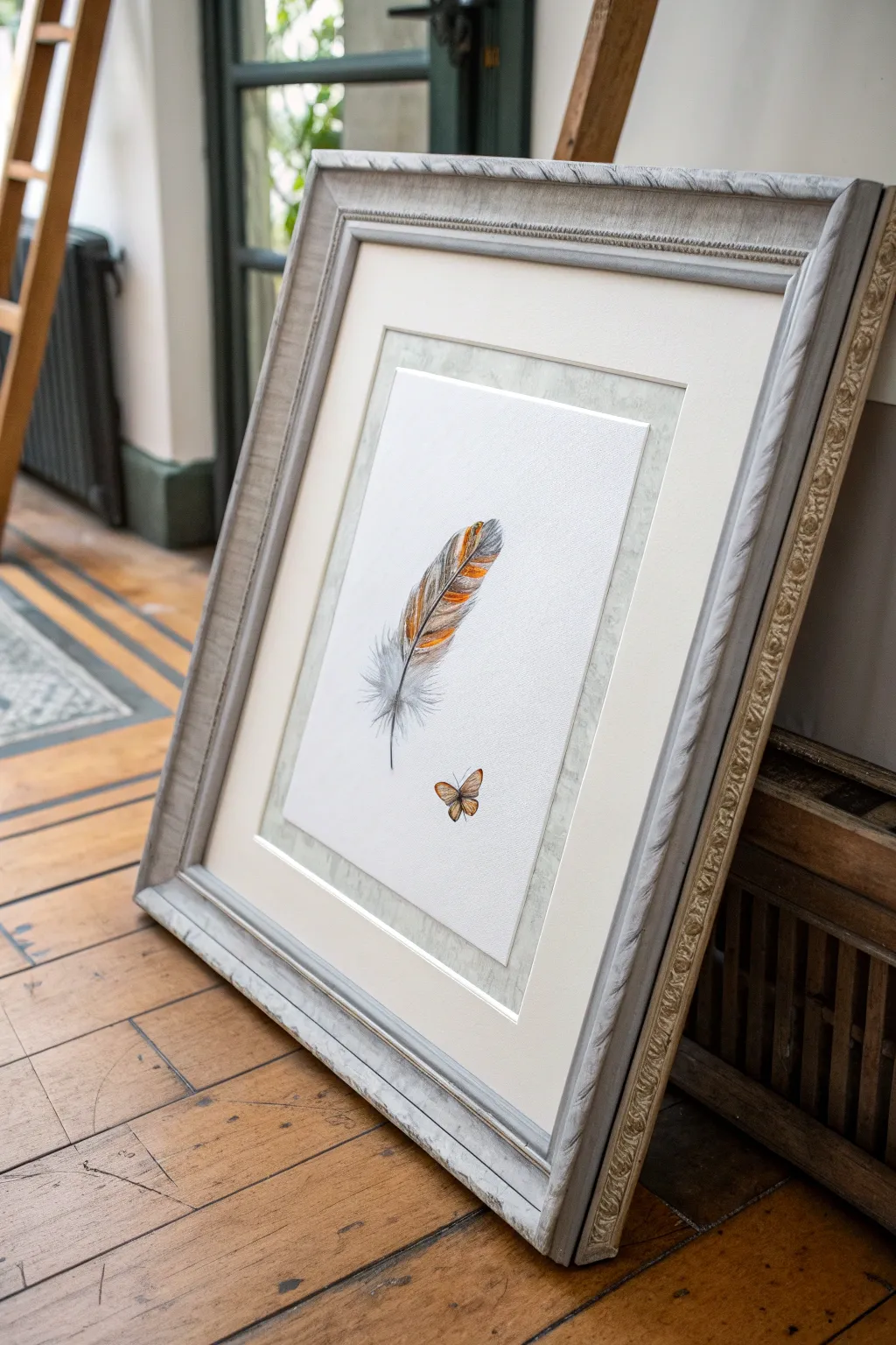 Floating motif inside a warm gray painted frame, minimalist gallery look with airy negative space