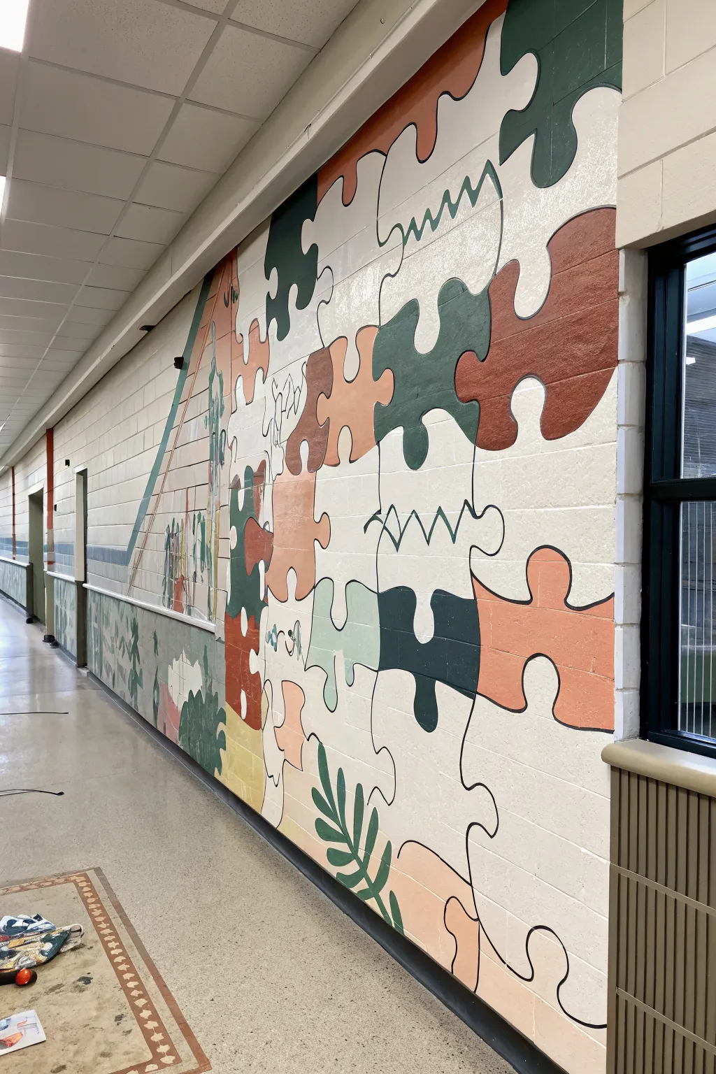 Puzzle piece mural wall where every class adds a piece, creating one calm, colorful whole