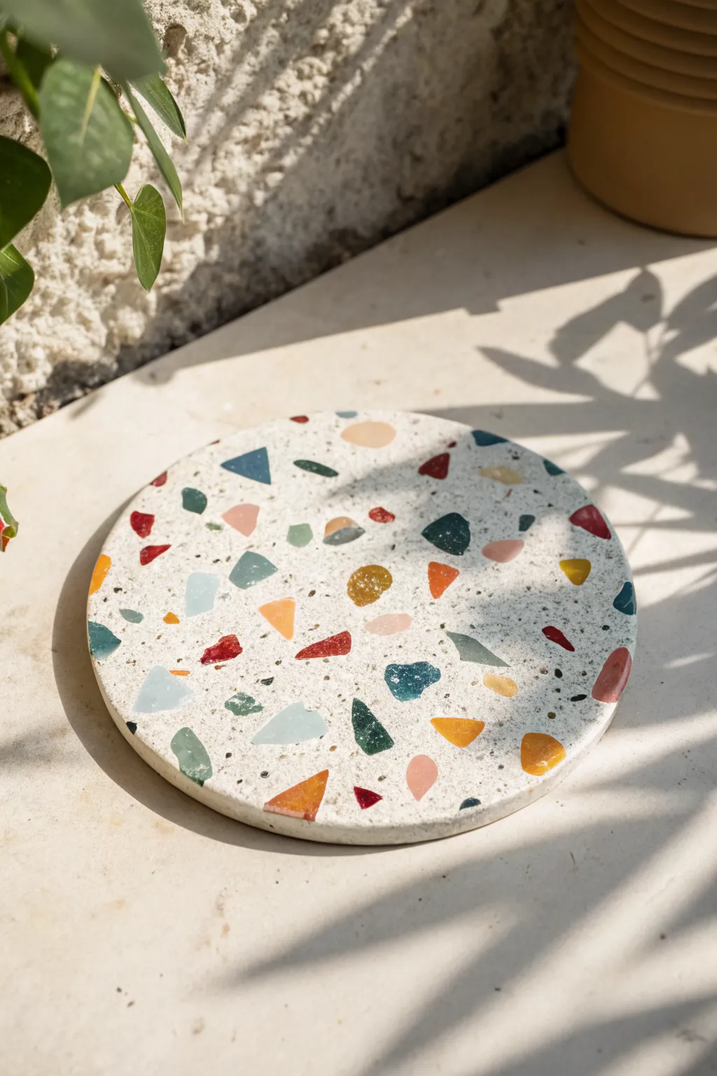 Terrazzo-style epoxy trivet with matching tiles, clean Scandi boho styling and bold speckles