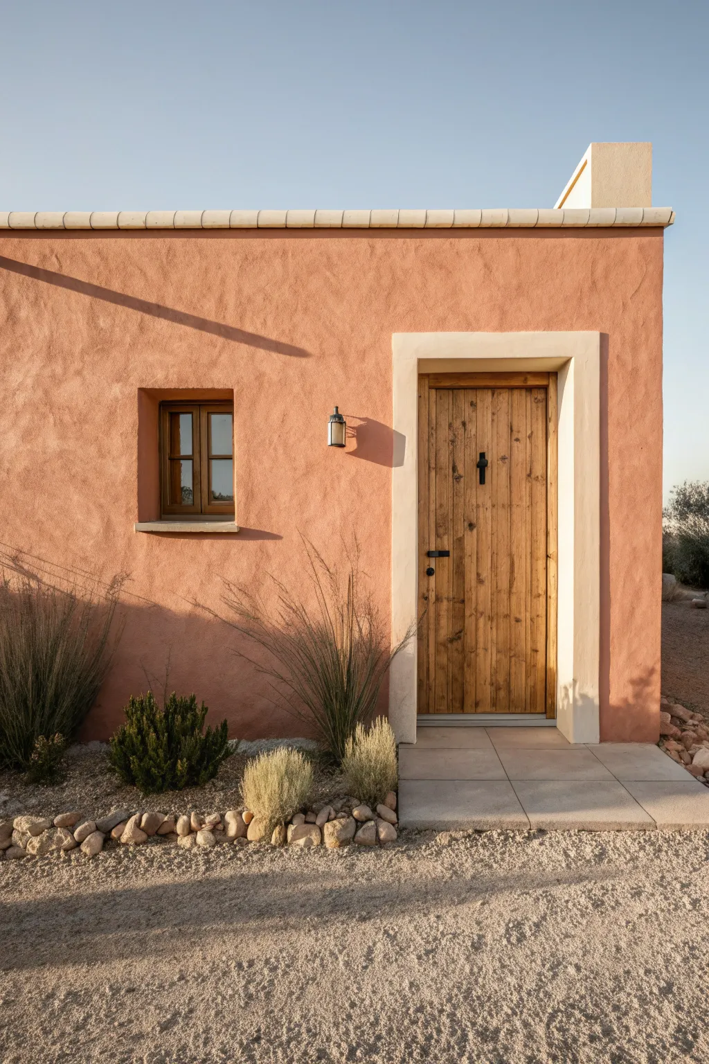 Terracotta stucco and sandy trim: a sunbaked neutral palette made for calm, modern exteriors
