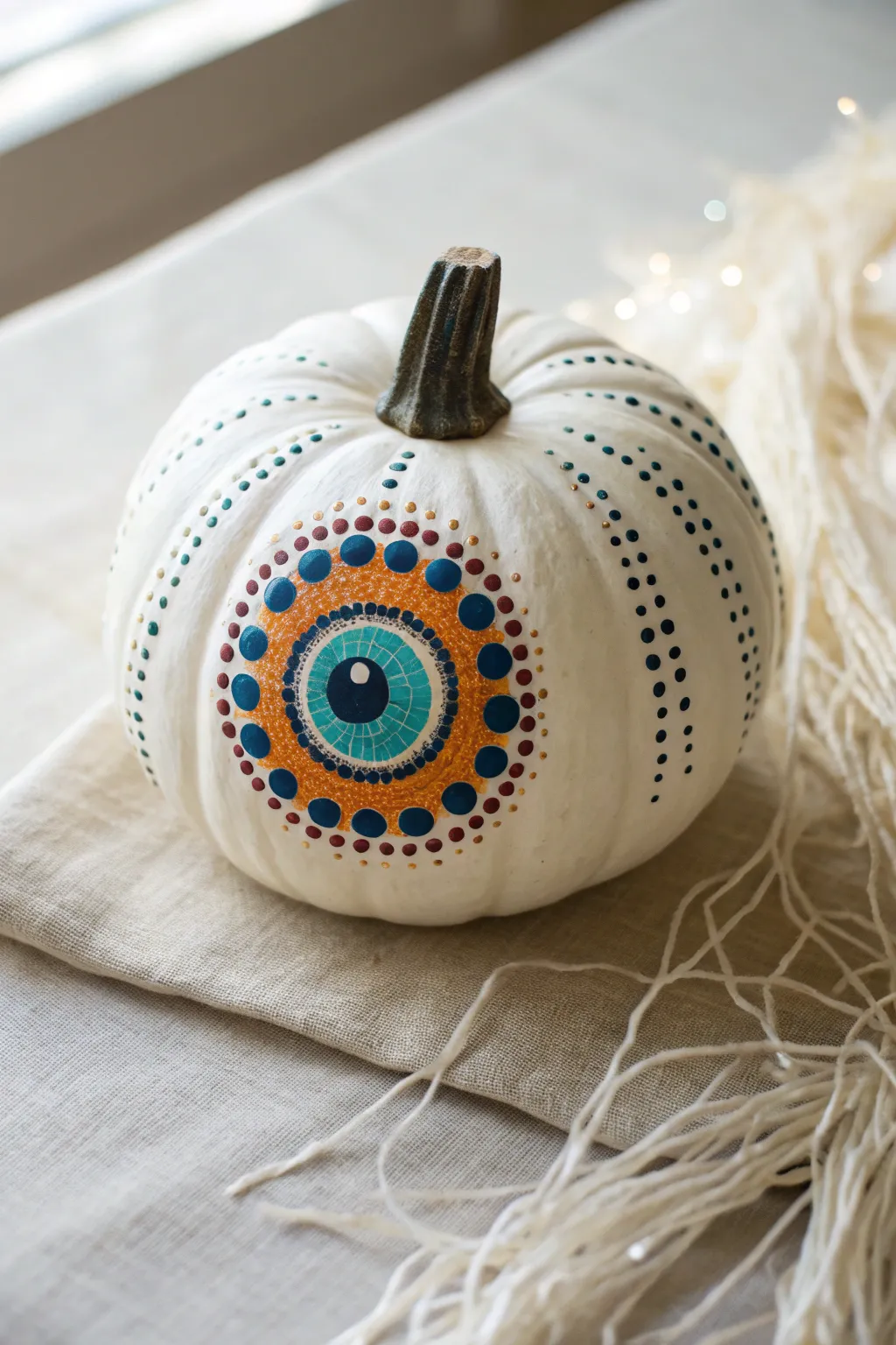 Pointillism iris on a pumpkin, layered dots for depth with subtle tools and clean contrast