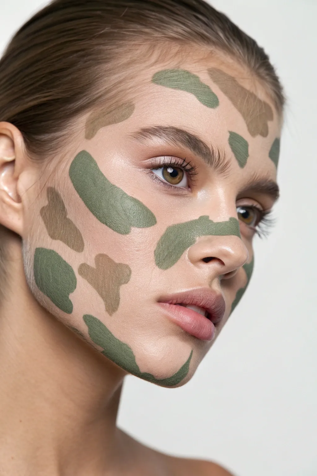 Muted green and brown camouflage face paint with crisp organic blobs on a clean minimal backdrop.
