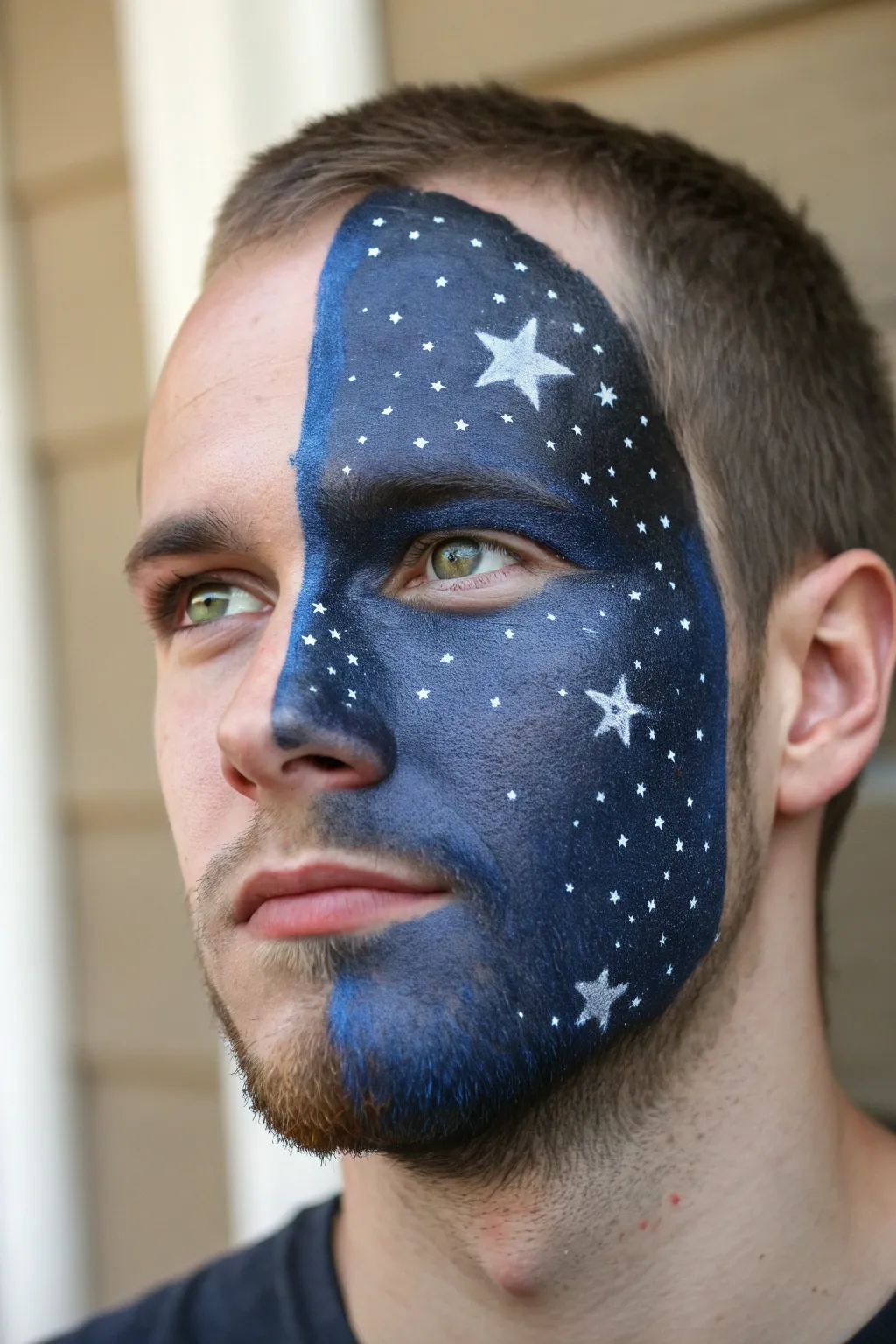 Cosmic split-face portal: bold galaxy gradient, crisp edge, and star speckles for strong mens looks
