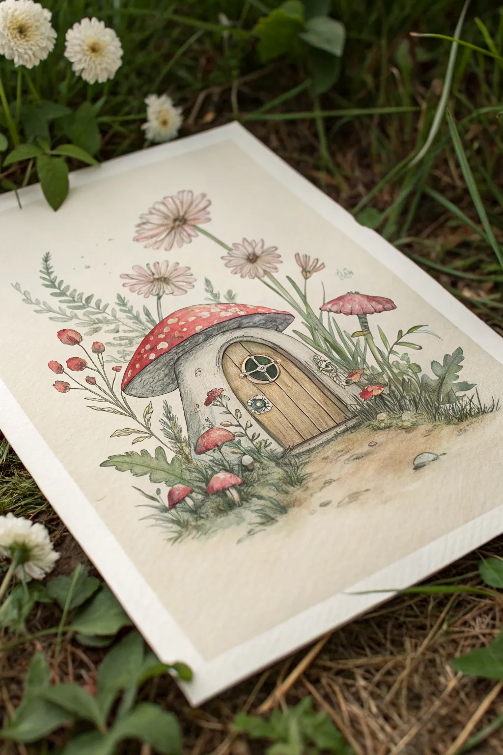 Muted vintage fairy garden palette with one bold mushroom accent for storybook charm