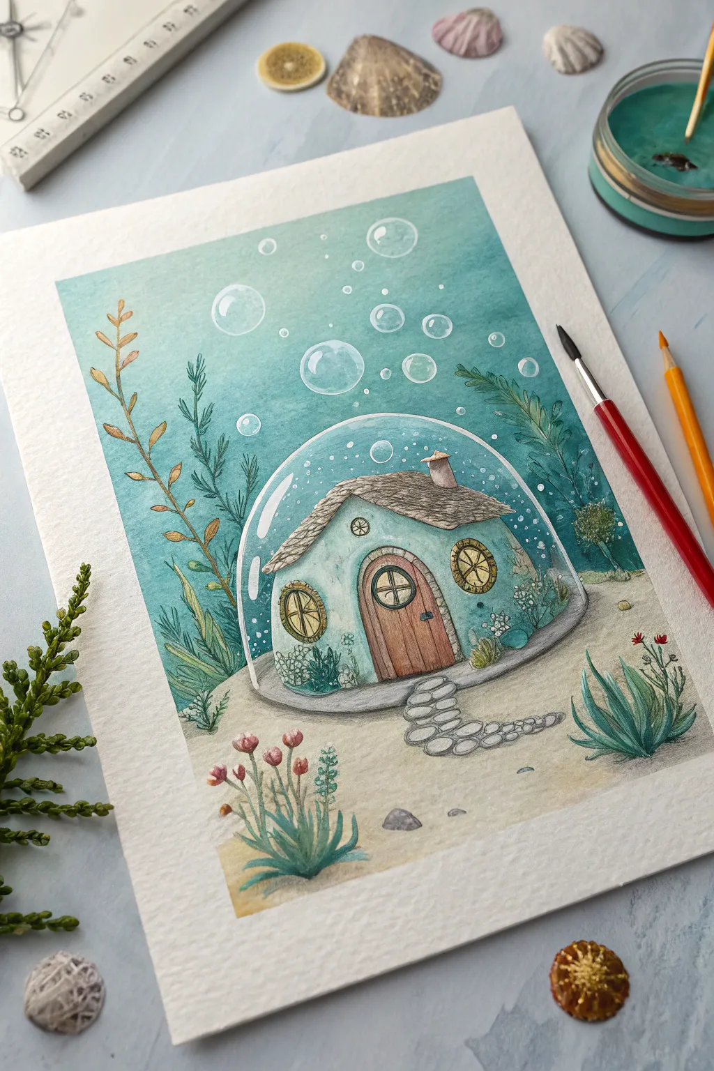 Underwater bubble fairy house in soft blues and kelp greens, simple, dreamy, and handmade