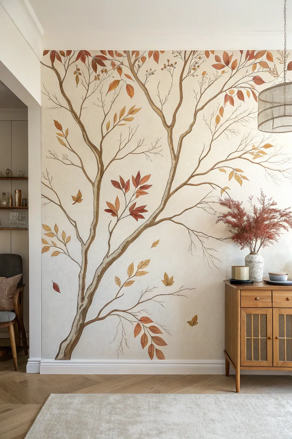 Subtle metallic leaves add a soft shimmer to a minimalist autumn branch mural in warm tones.