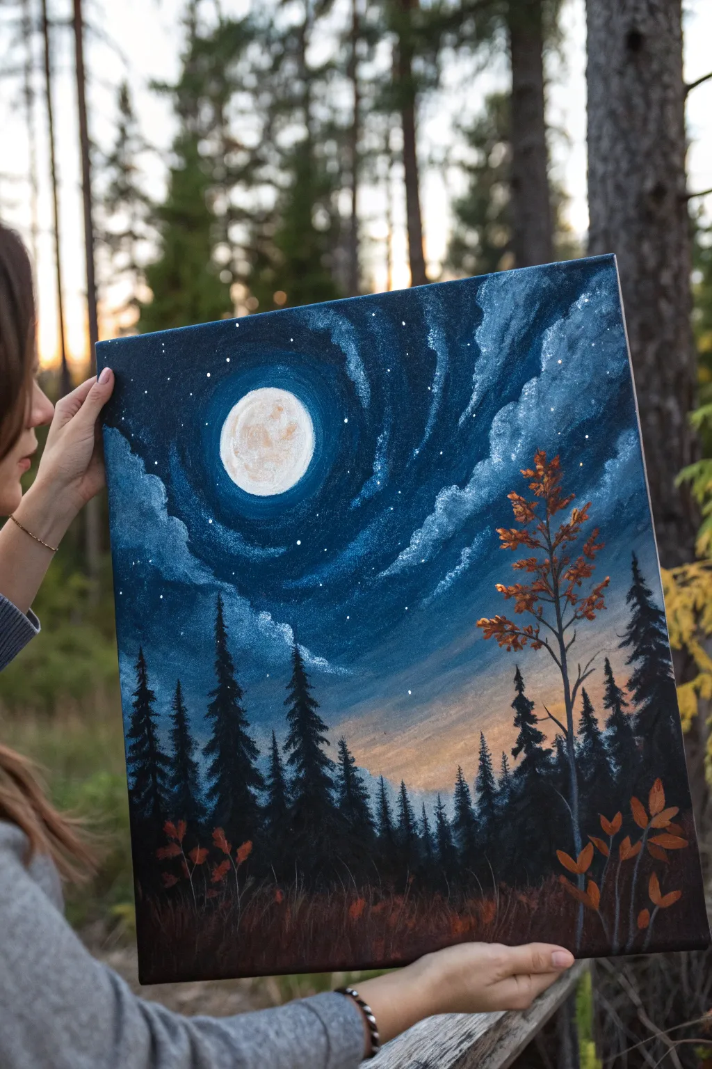 Paint night inspo: deep blue fall sky with swirly clouds, glowing moon, and crisp dark trees.