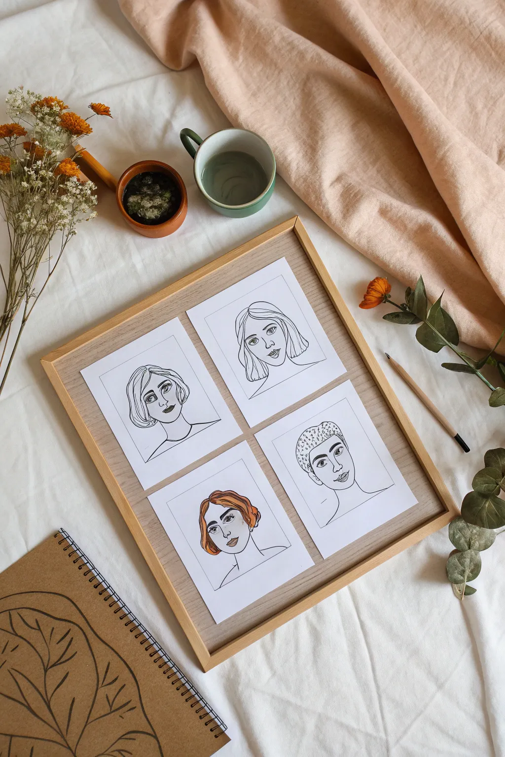 Pass-the-paper family portrait game: one mixed-up face in focus, with soft markers and linen texture.