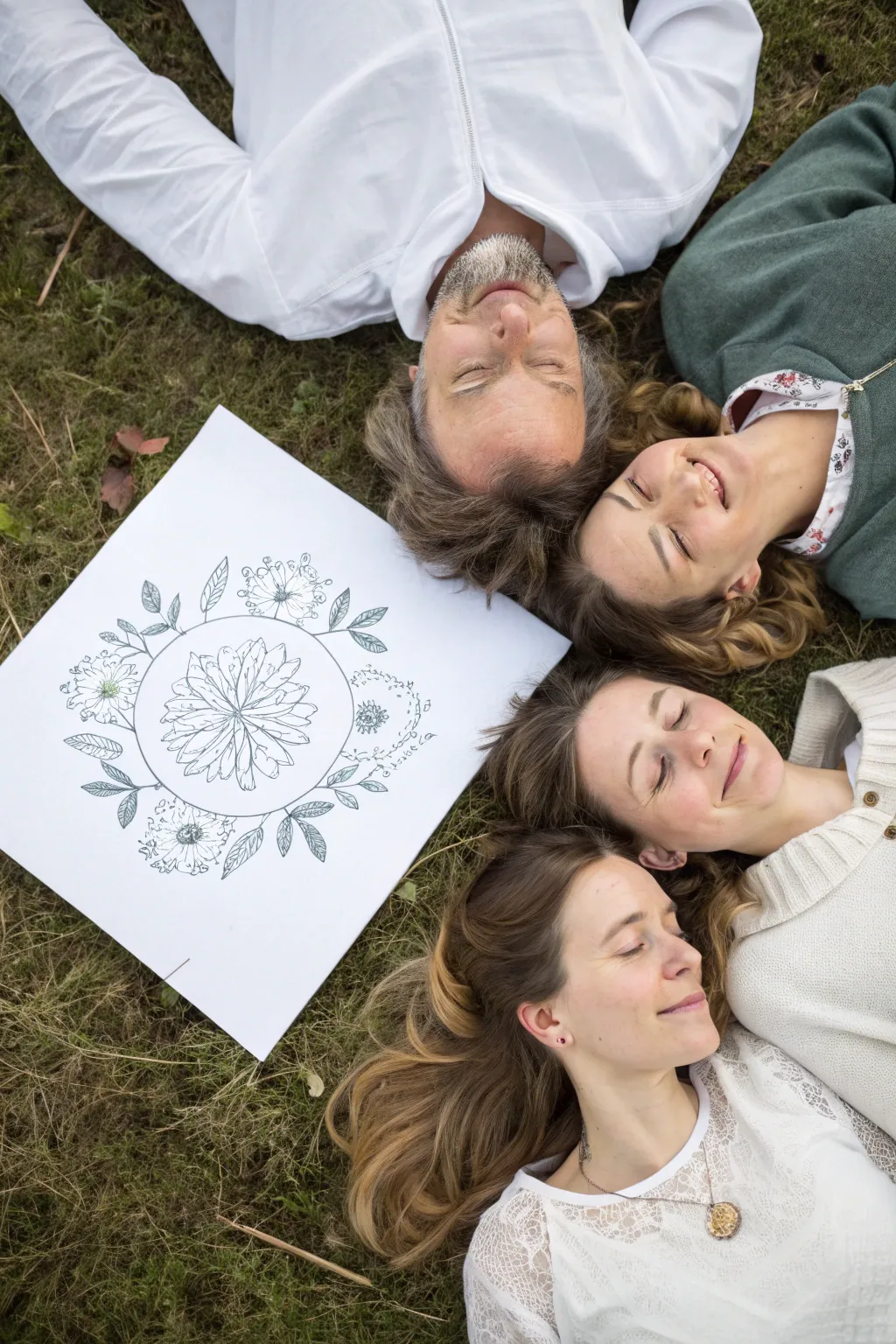 Overhead heads together family portrait illustration, minimal lines and soft earthy boho tones