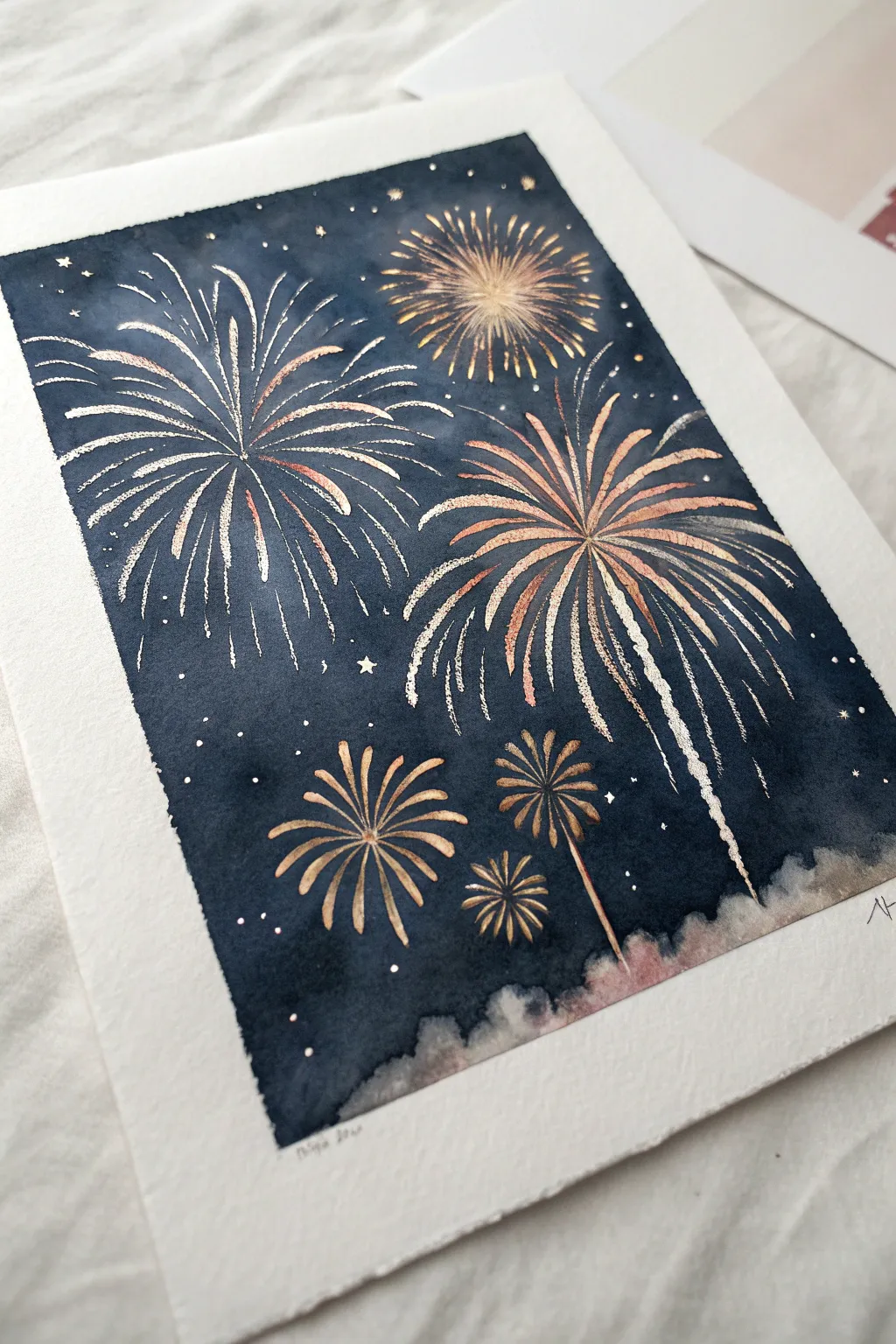 Fan brush fireworks: layered light bursts on a deep night sky, simple and striking