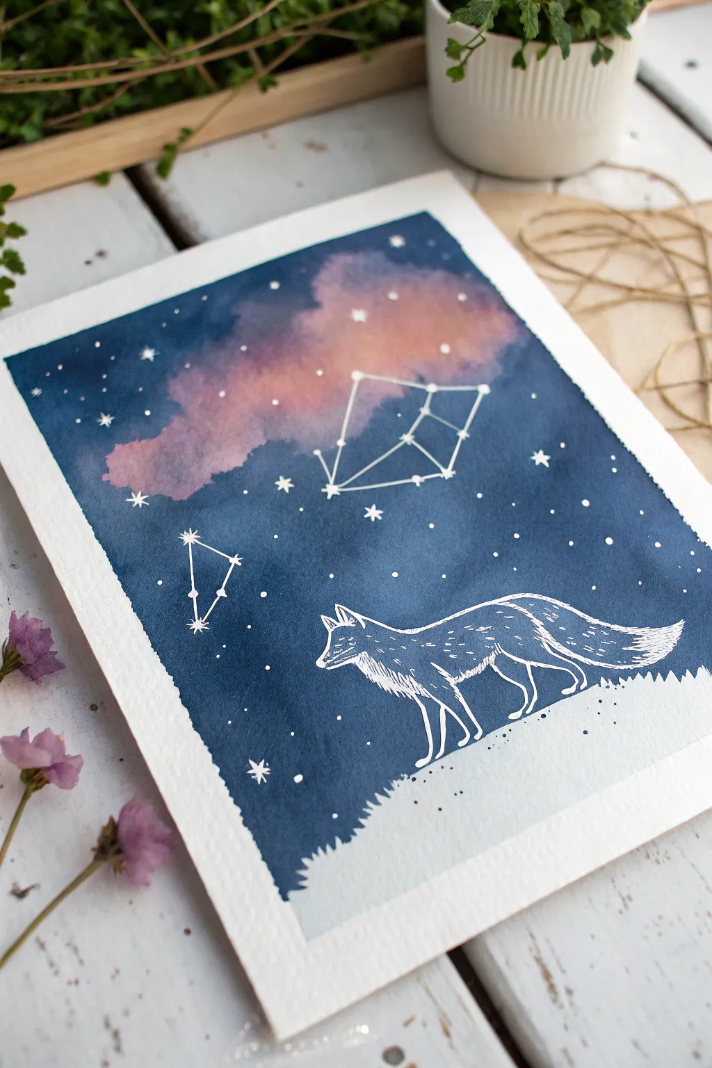 Easy fantasy idea: a constellation fox with splatter stars and a soft watercolor nebula glow