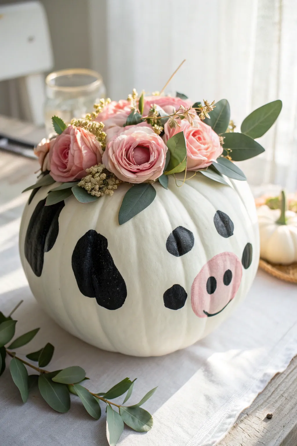 Create a whimsical fall vignette with this adorable DIY boho floral cow pumpkin art idea.