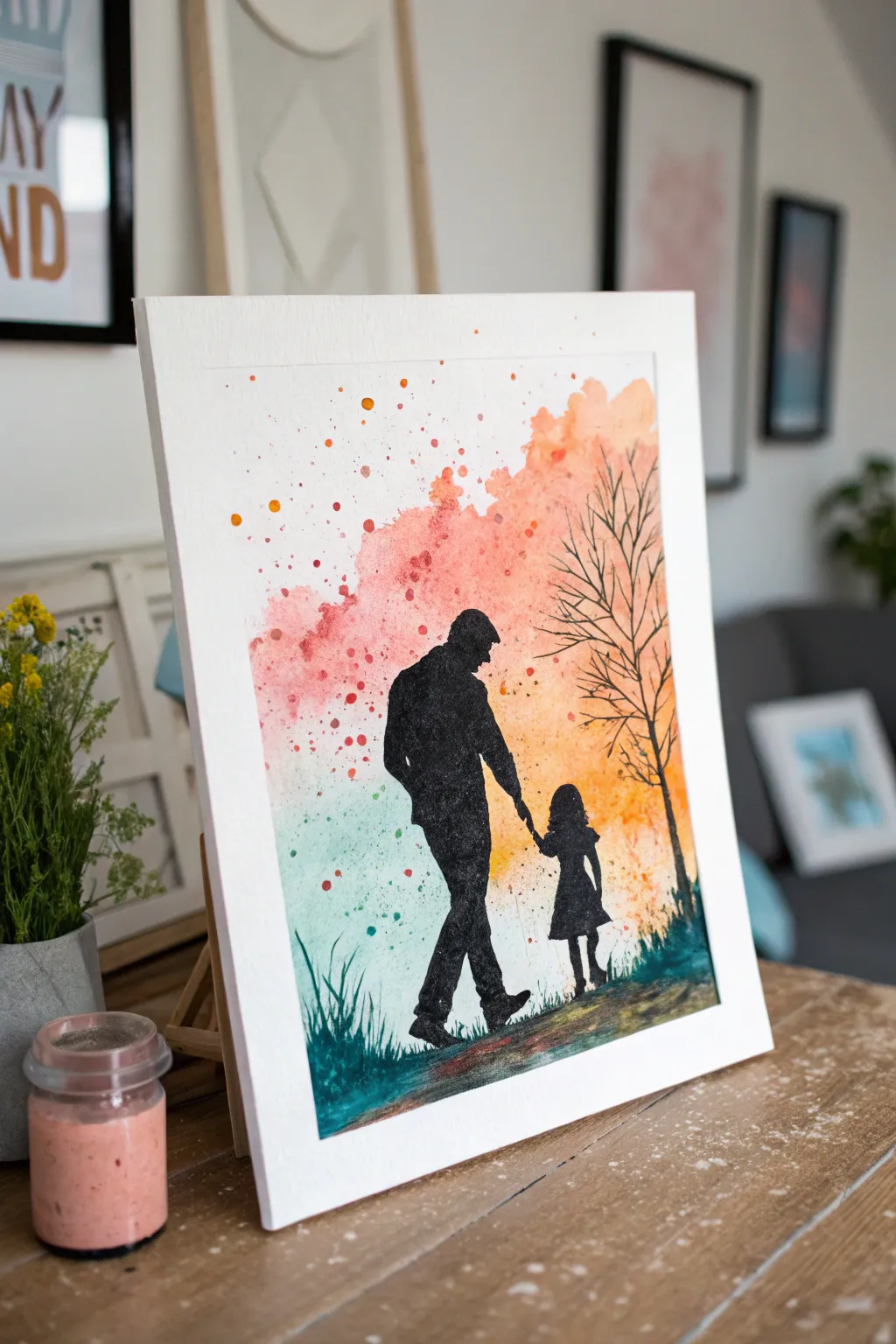 Vibrant splatter silhouettes capture father and daughter energy in a modern minimalist style.