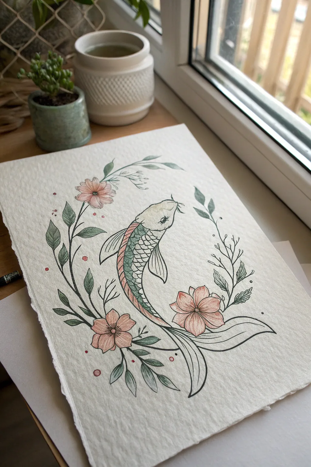 A graceful fish entwined with florals in crisp ink lines, minimalist Scandinavian boho elegance.