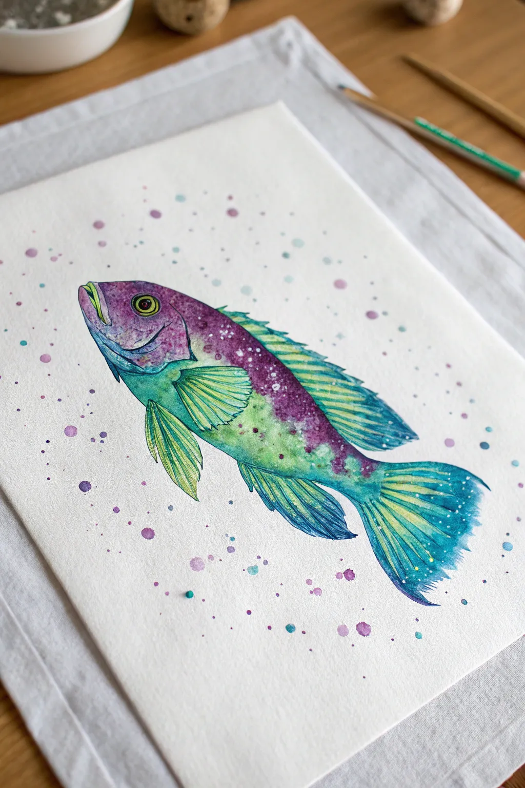 Fantasy fish in violet and neon green, glowing softly with stardust for dreamy painting ideas