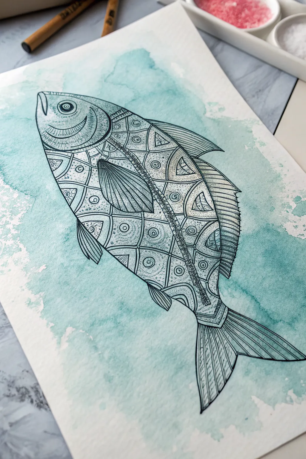 Fish outline filled with mandala patterns, set on a soft pastel gradient for calm boho minimal style