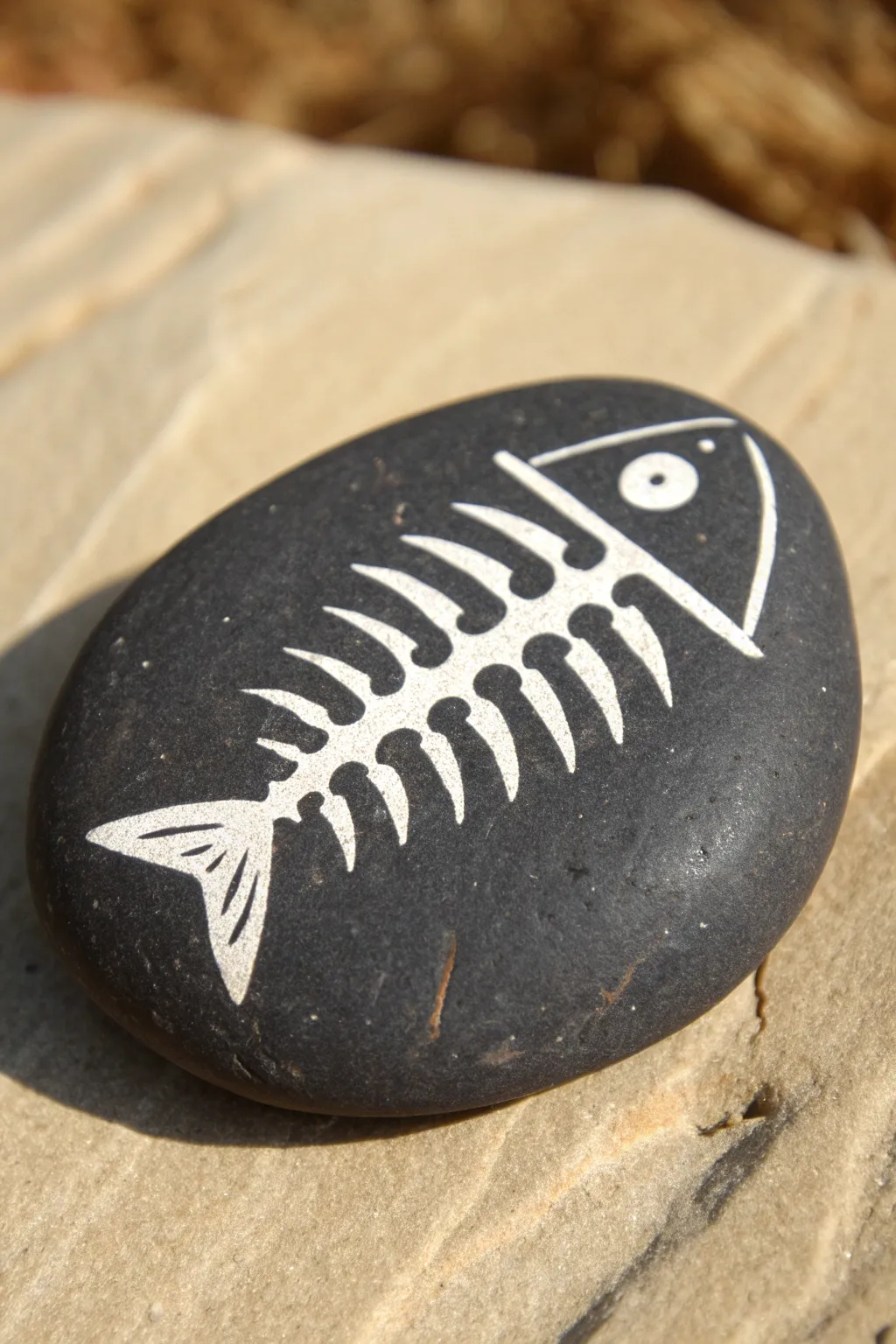 X-ray fish rock in deep charcoal with a crisp white skeleton pattern, modern and playful