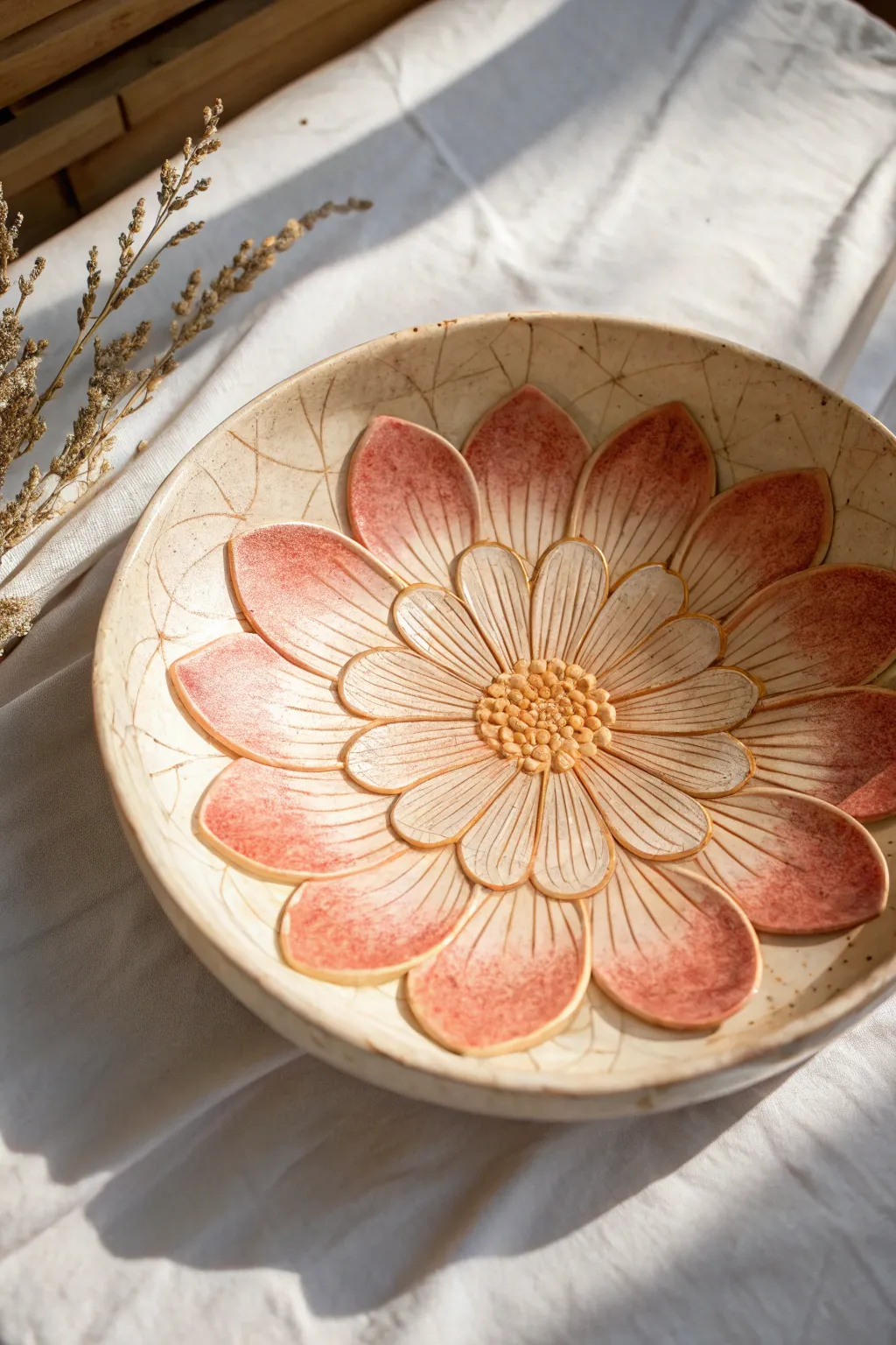 Layered floral plate with drybrush petal texture and soft gradients in minimalist boho style