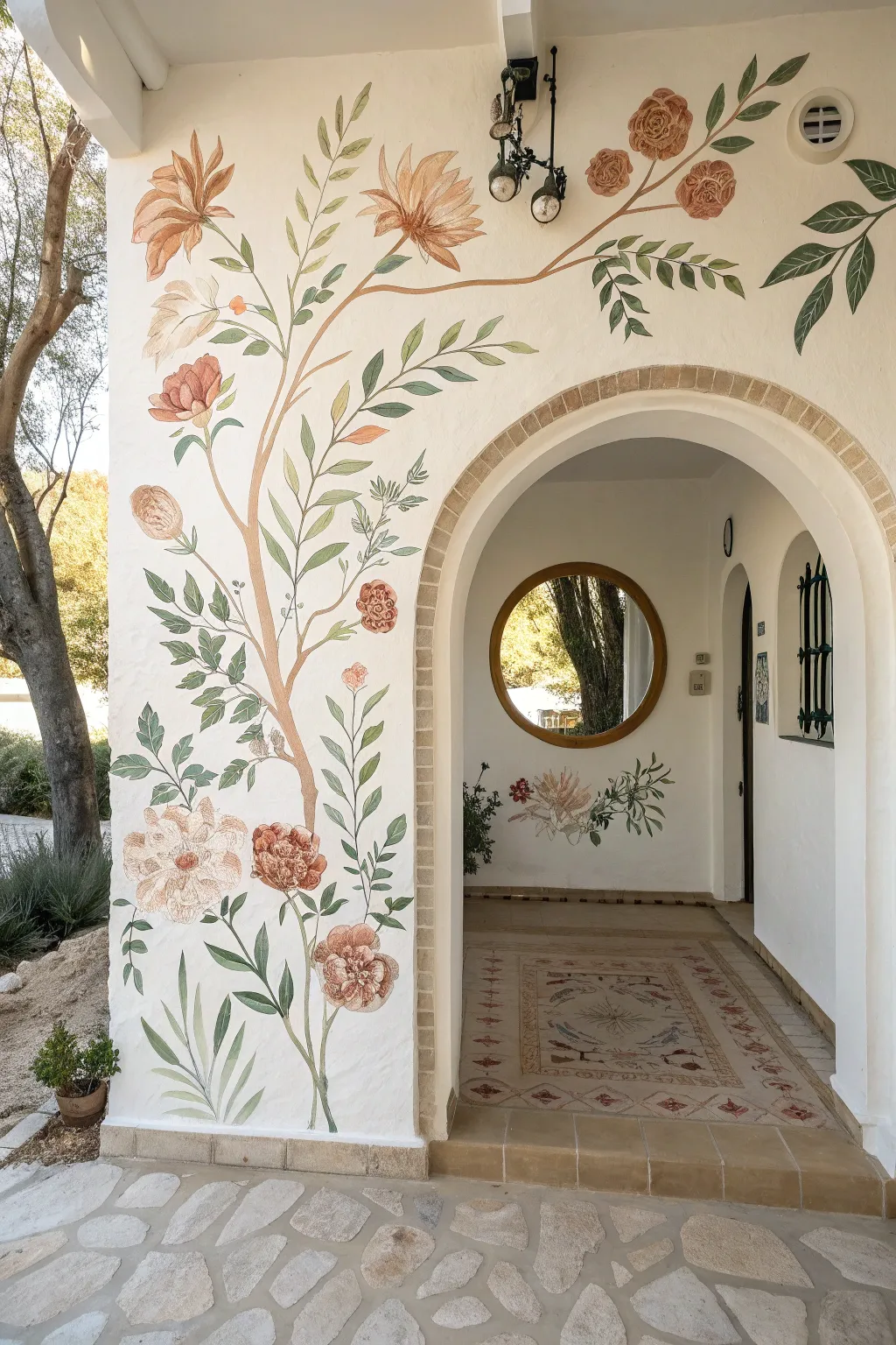 Painted floral arch mural that frames a mirror like an elegant niche, minimal and softly boho