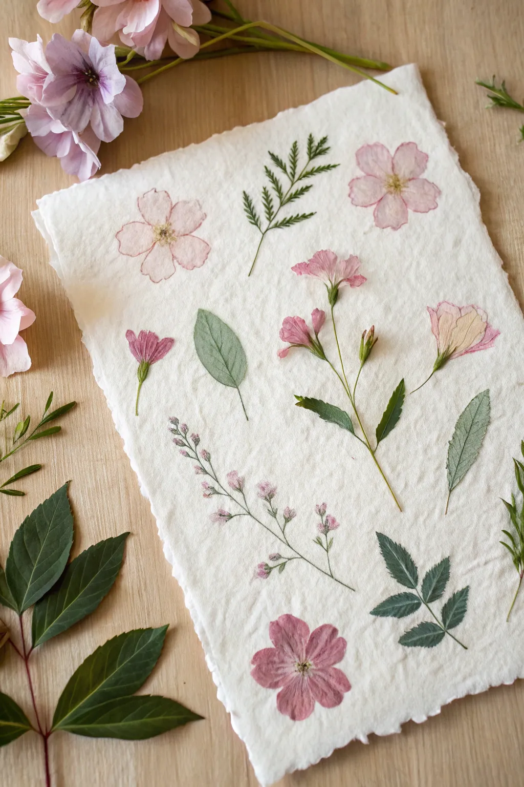 Soft flower pounding prints on handmade paper, natural pigments and minimalist boho styling