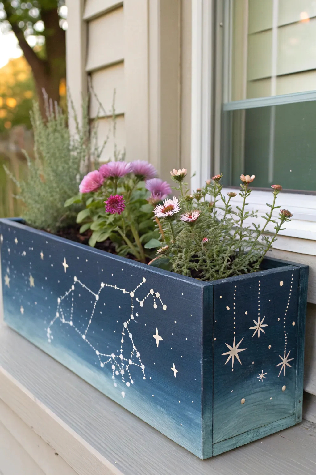 Deep midnight window box with delicate constellations and a simple floral strip, calm boho minimal