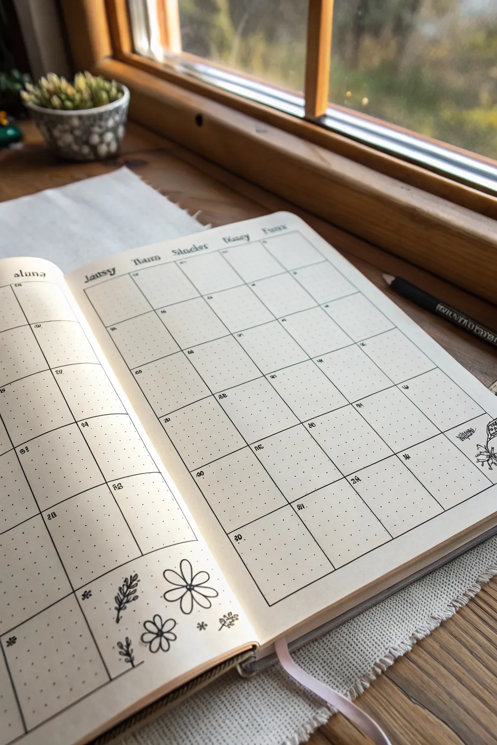 Minimal habit tracker grid with tiny flower doodles, airy white space and cozy boho calm