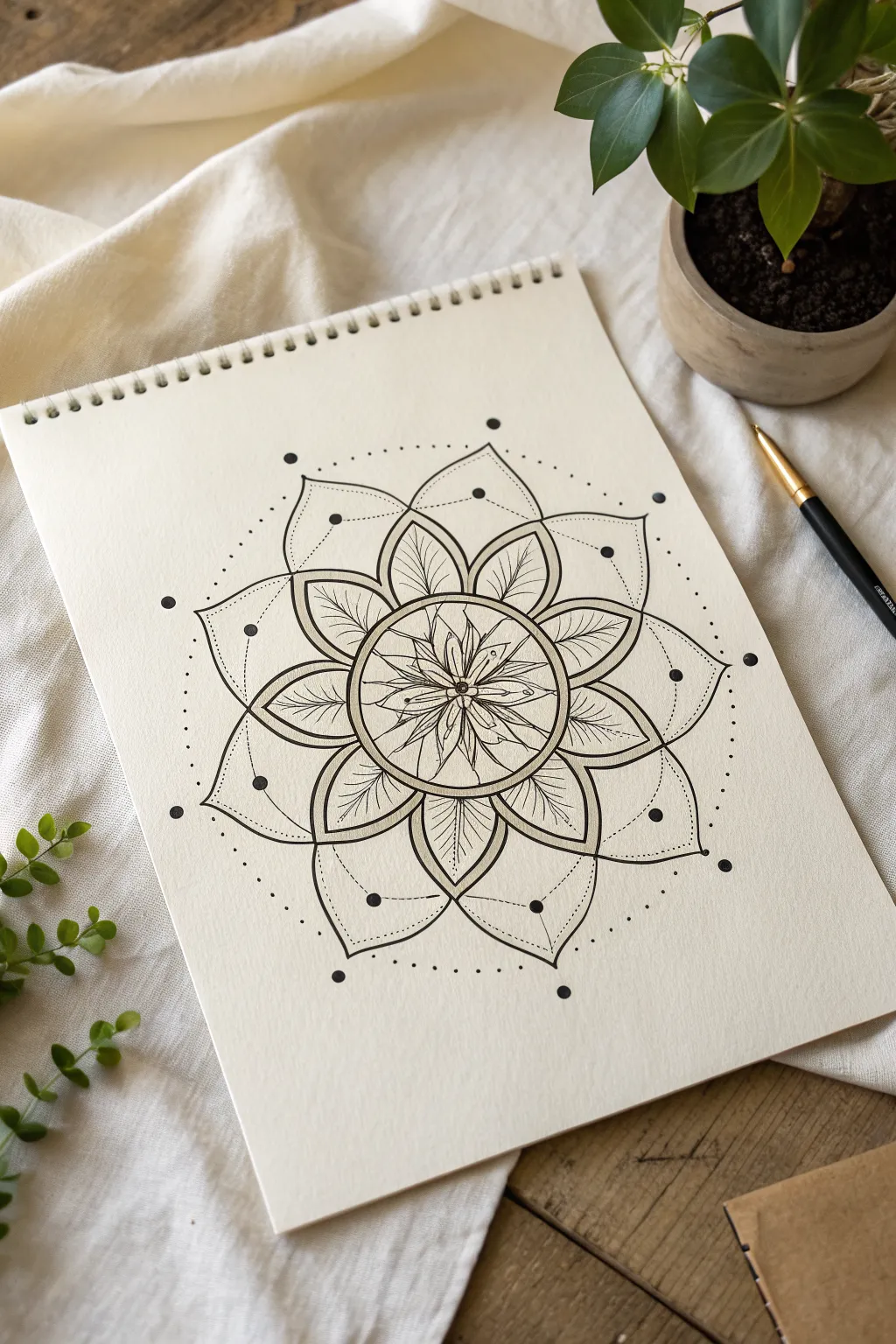 Easy geometric petal mandala with bold ink accents, minimal and beautifully symmetrical.