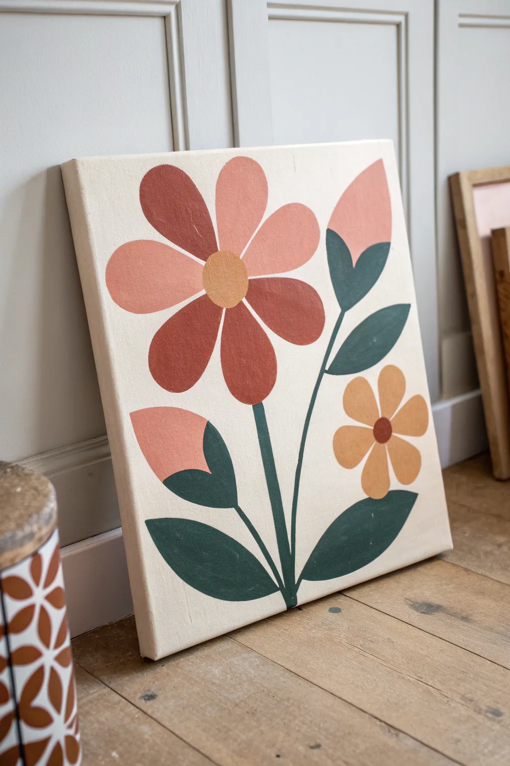 Color-blocked abstract florals in oil with bold petals and minimal detail for modern boho calm.
