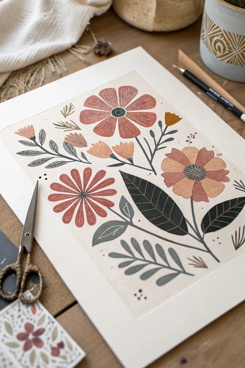 Layered stamped florals become a minimalist collage, easy to recreate with simple cut-outs.