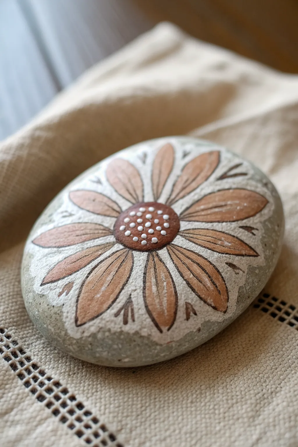 A single rock flower with raised petals and a textured center, side-lit for true 3D depth.