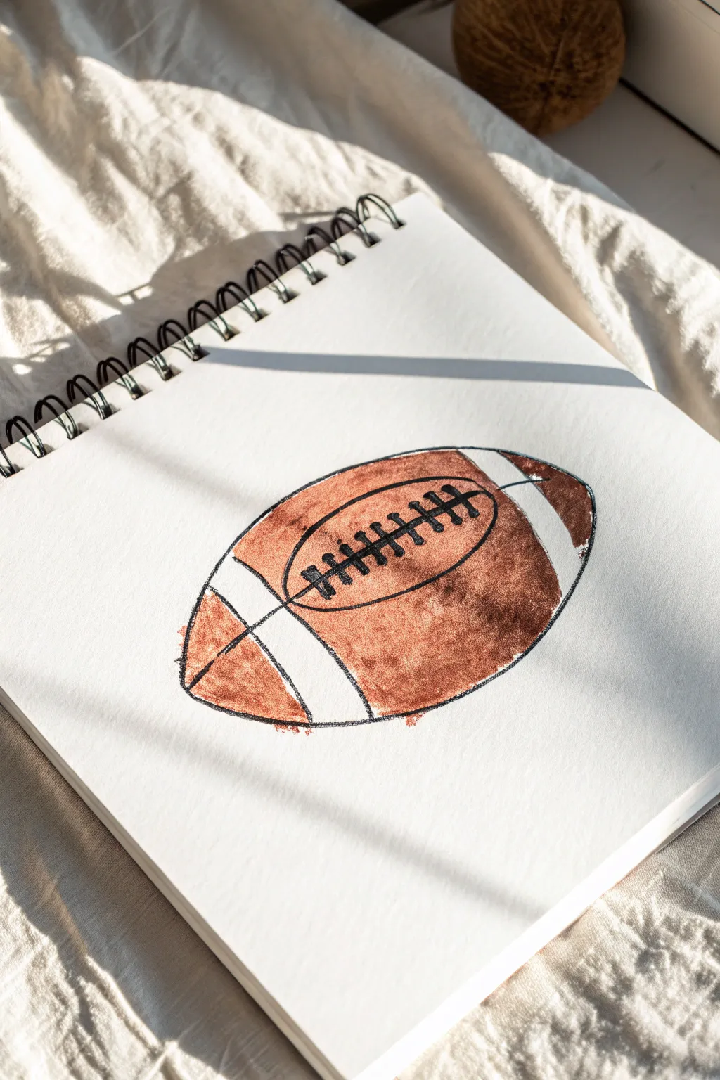 Minimalist line art football with one bold terracotta stripe on crisp white paper