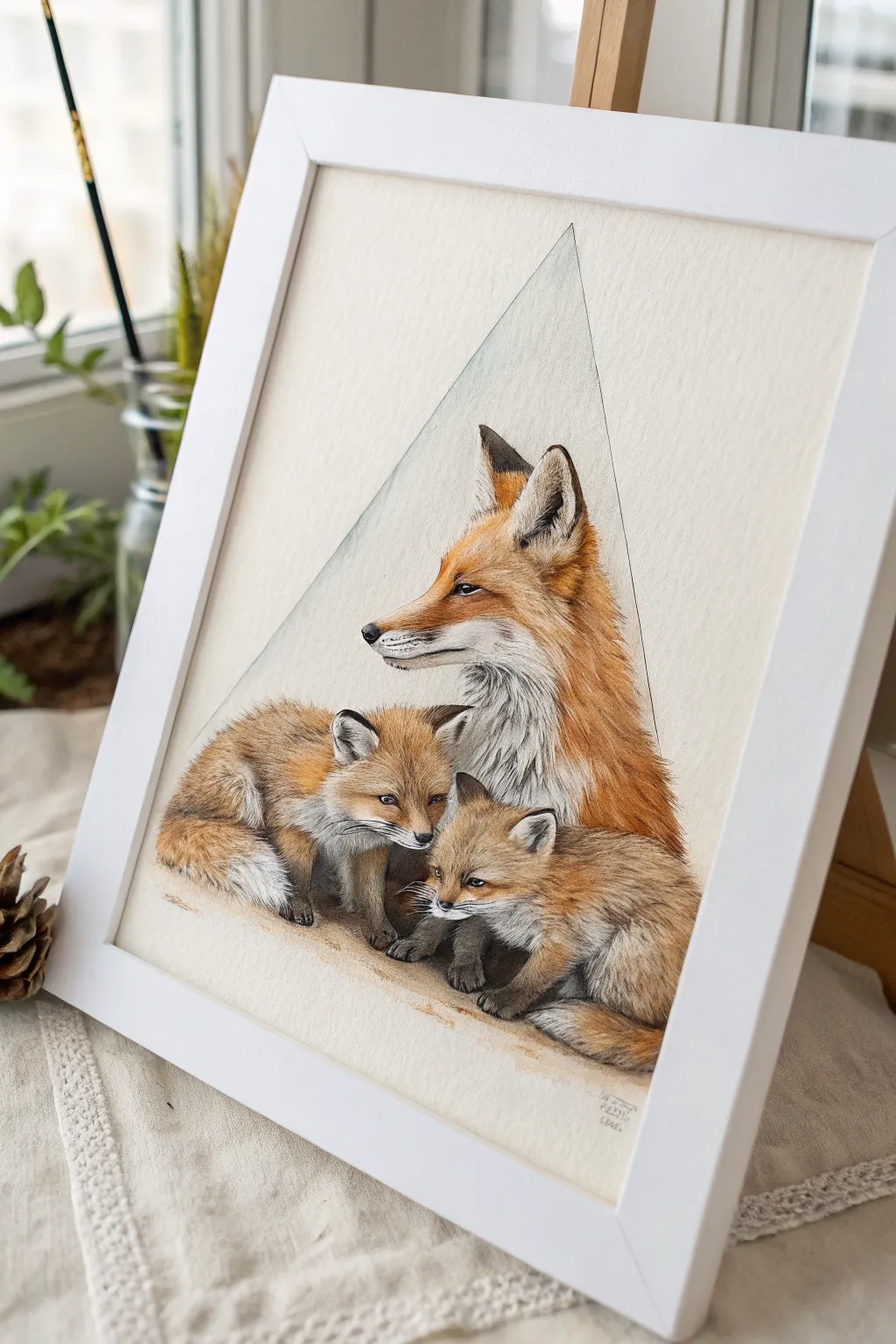 Minimalist watercolor vixen with kits, cozy triangular cuddle and repeating white-tipped tails