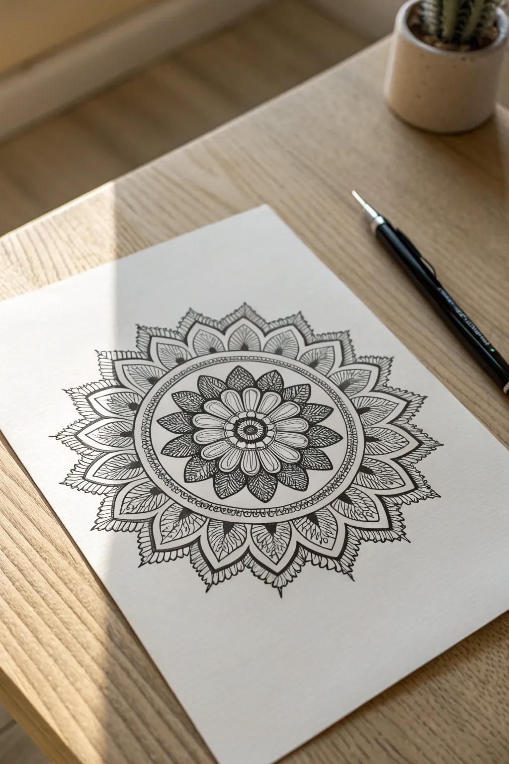 Meditative mandala ink flow with clean zentangle patterns, bold contrast, and minimalist calm.