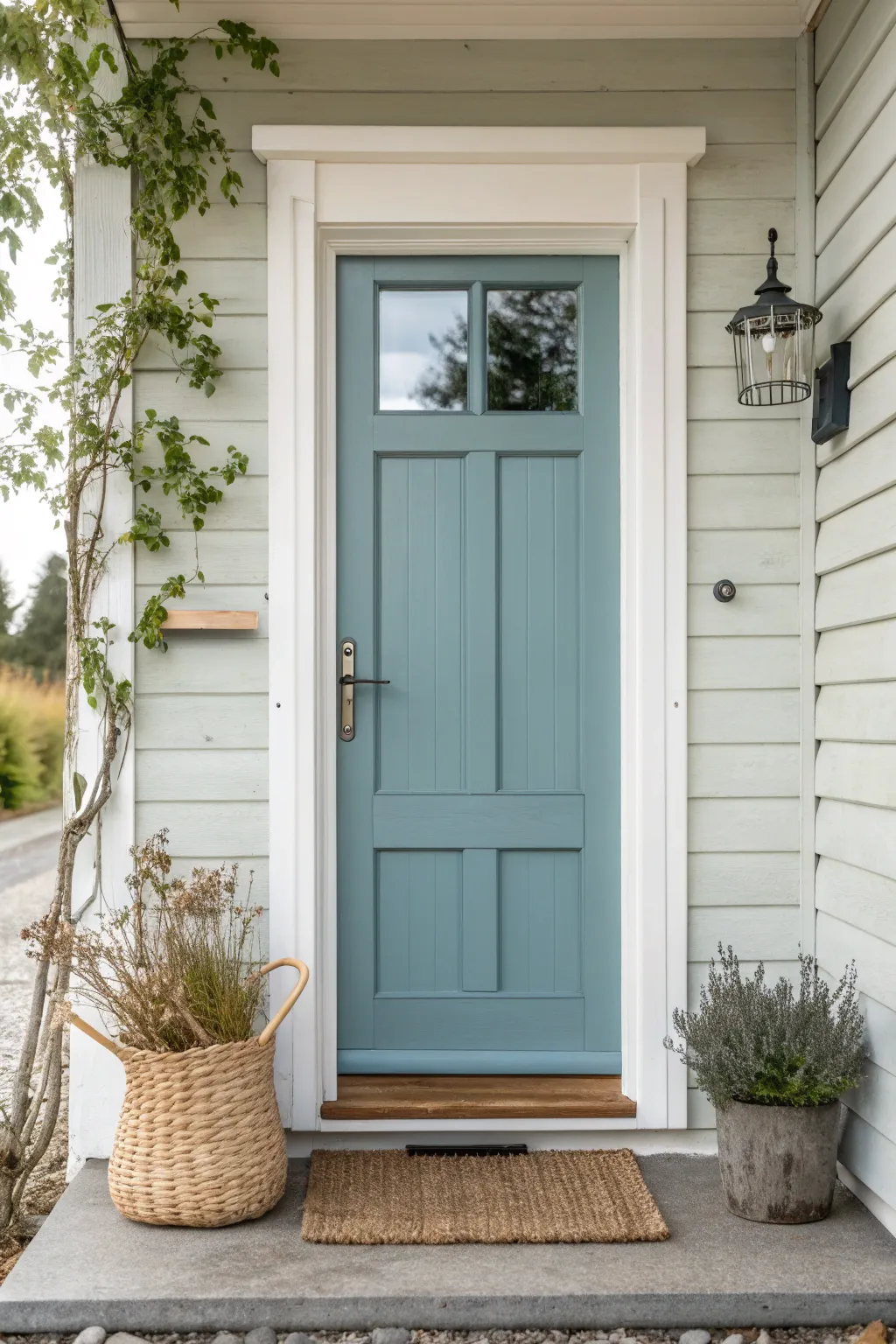 Muted coastal blue with soft white trim creates a calm, timeless front porch color story