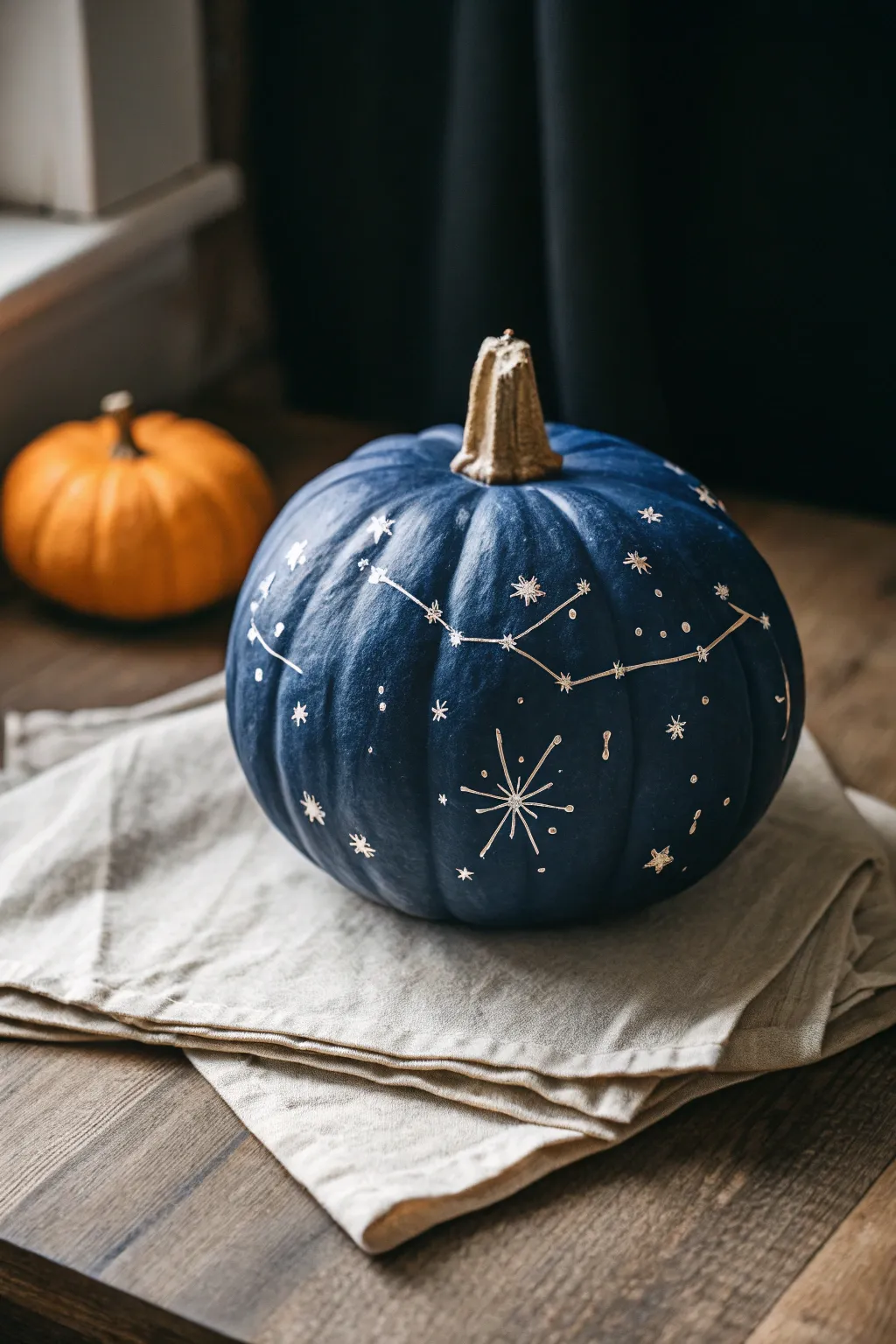 Moody night-sky pumpkin with hand-painted constellations, minimal styling and magical contrast.