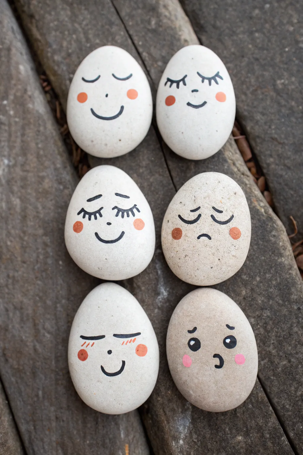 Mood swing rock set: same cute face in four emotions, clean minimalist boho palette.