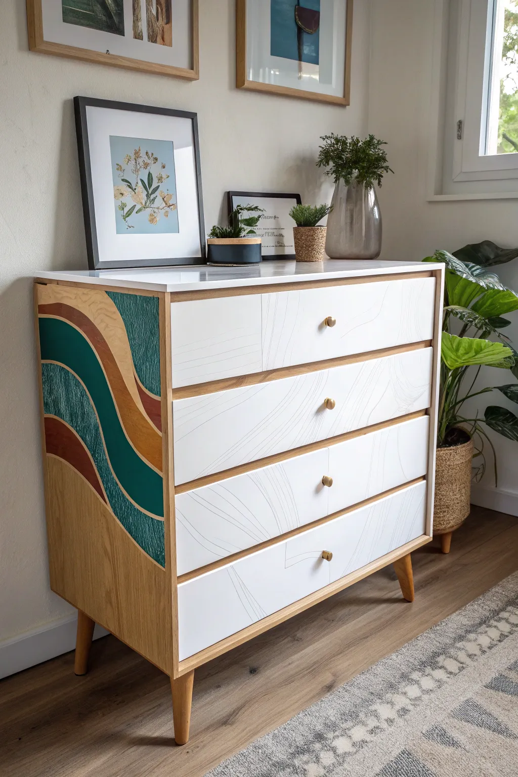 Abstract paint-pour drawer fronts turn a simple dresser into a modern boho statement.
