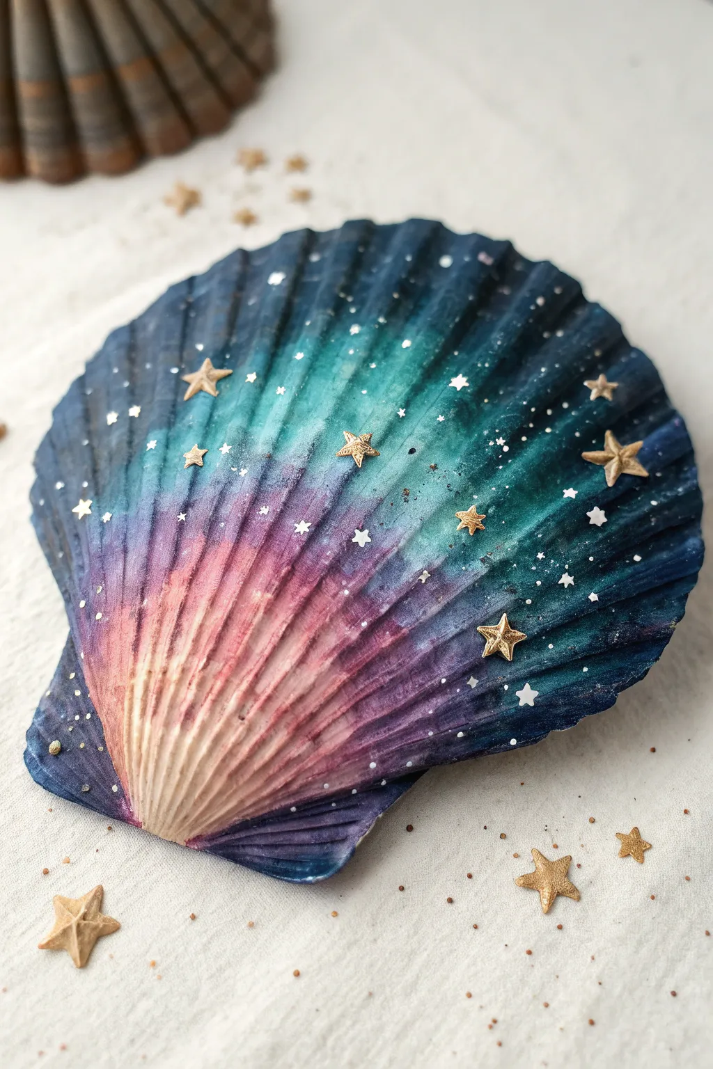 Paint a tiny universe on a seashell with nebula blends and delicate star splatter.