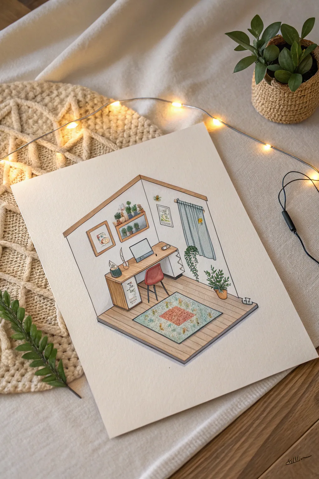 Paint a cozy isometric gamer bedroom diorama in Scandi neutrals with a soft neon screen glow.