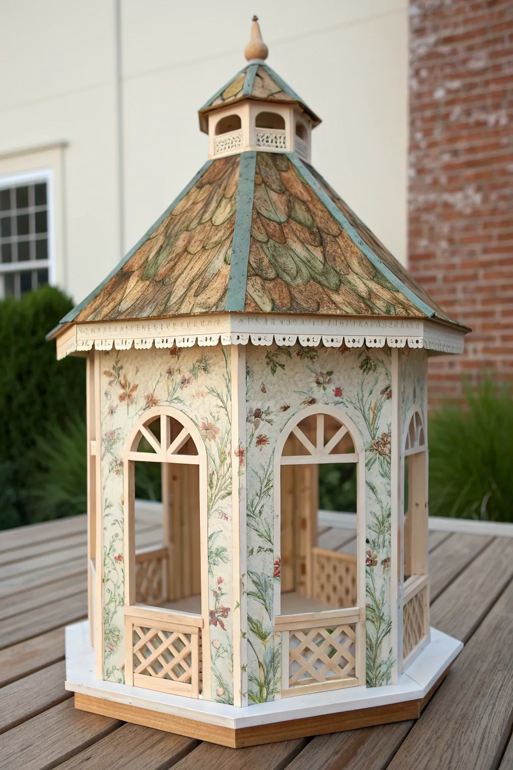 Gazebo birdhouse decoupage panels with painted trim, one side finished and one still bare