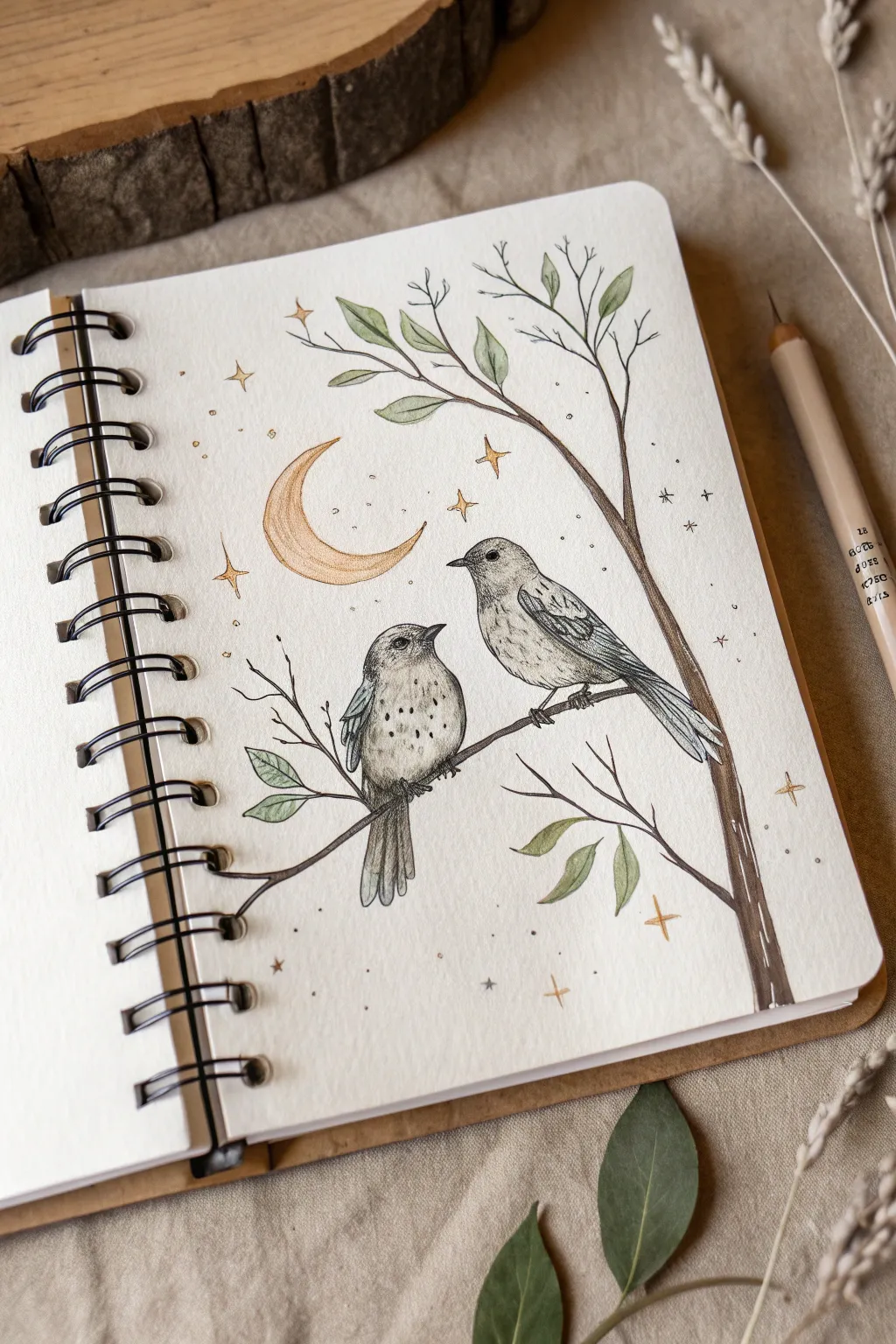 Minimalist Gemini art: two mirrored birds on one branch with delicate celestial accents