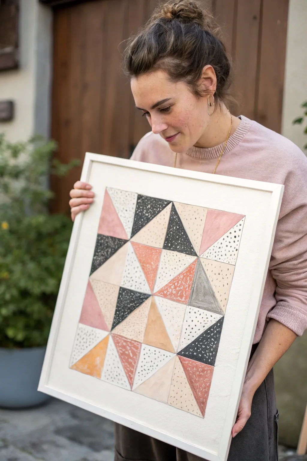 Crisp geometric blocks packed with speckle, crosshatch, and dry-brush texture in calm neutrals.