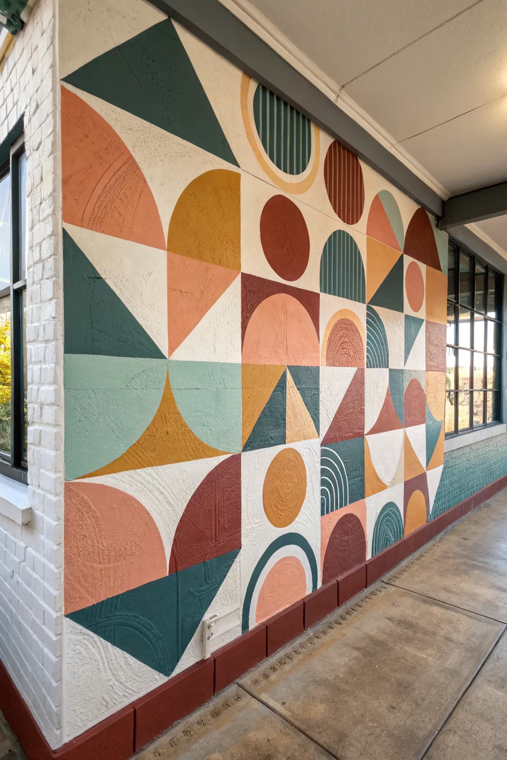 Maximalist mixed-geometry wall paint that feels bold, crafted, and calm in a minimal room