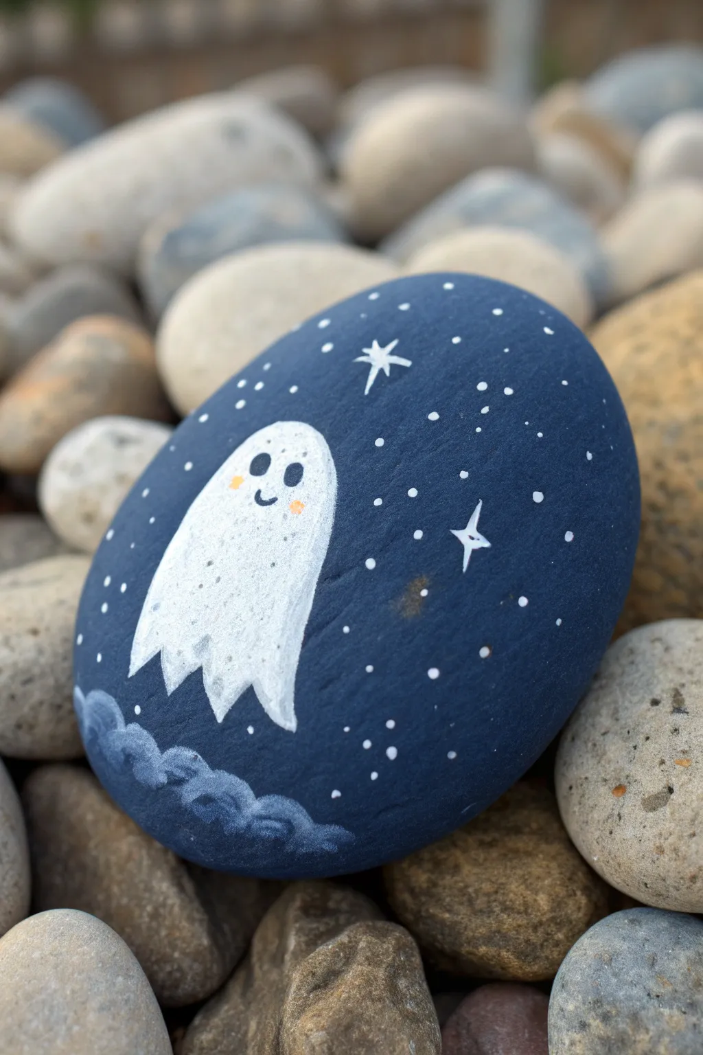Midnight rock with a softly glowing ghost and tiny stars for an enchanting, easy Halloween craft.