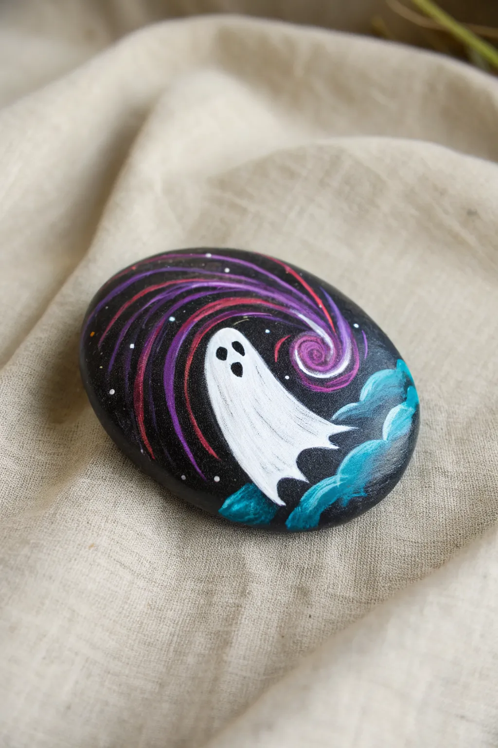 Ghost portal rock with swirling purples and bright highlights, bold contrast and handmade charm