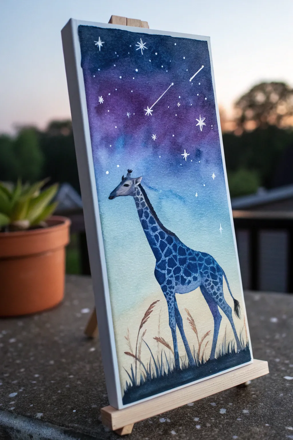 Night-sky giraffe painting with constellation spots in moody blues, simple and dreamy